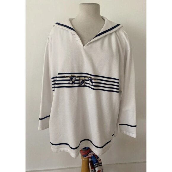 Needle & Threads Women's 3X Ivory/Navy Nautical Knit Top Long Sleeve - Picture 1 of 11